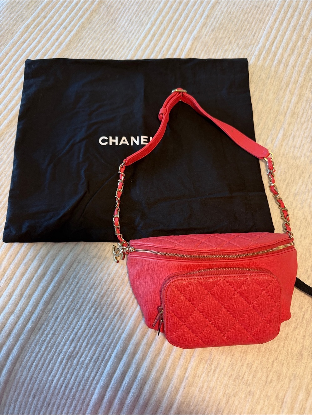 CHANEL Red Quilted Leather Crossbody Belt Bag with Chain Strap